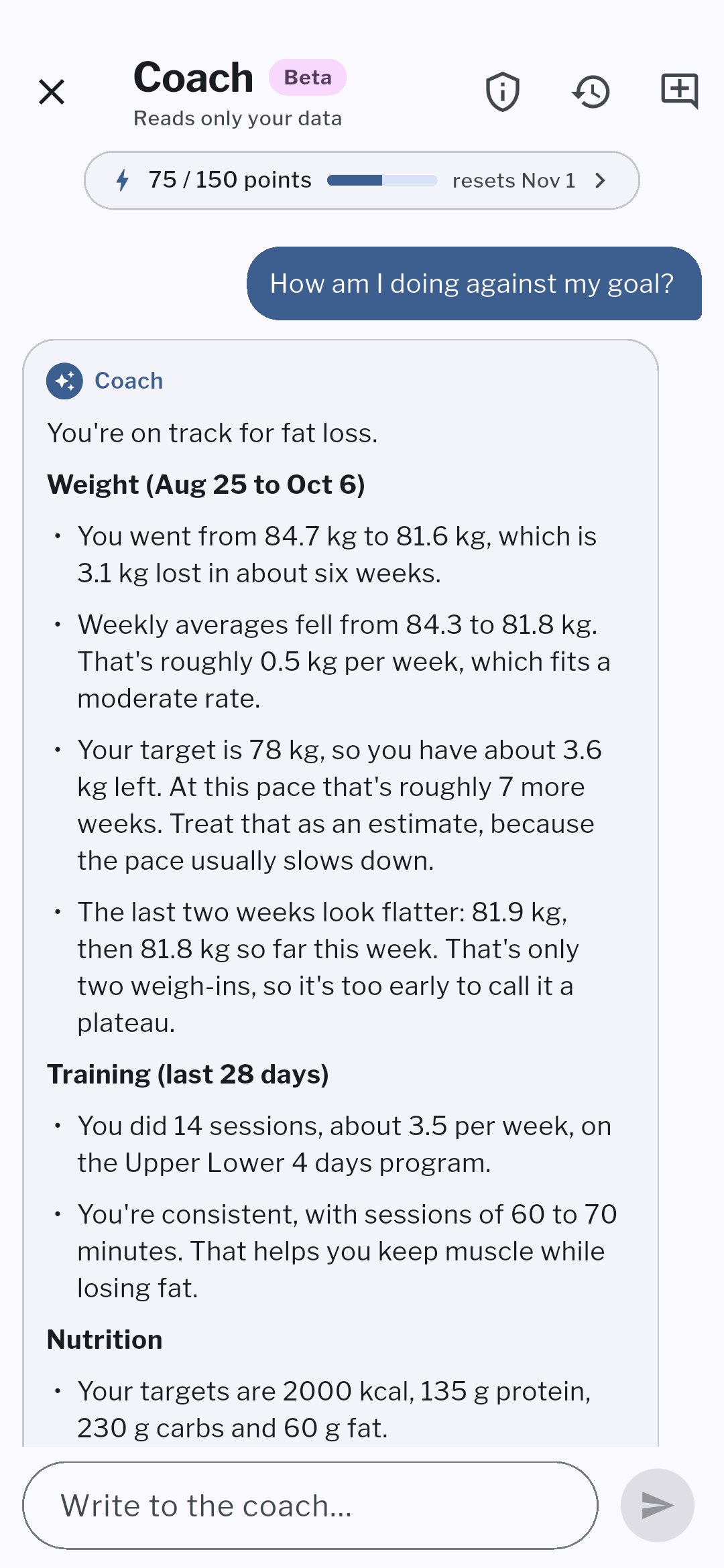Holymp AI Coach chat answering about weight and training progress
