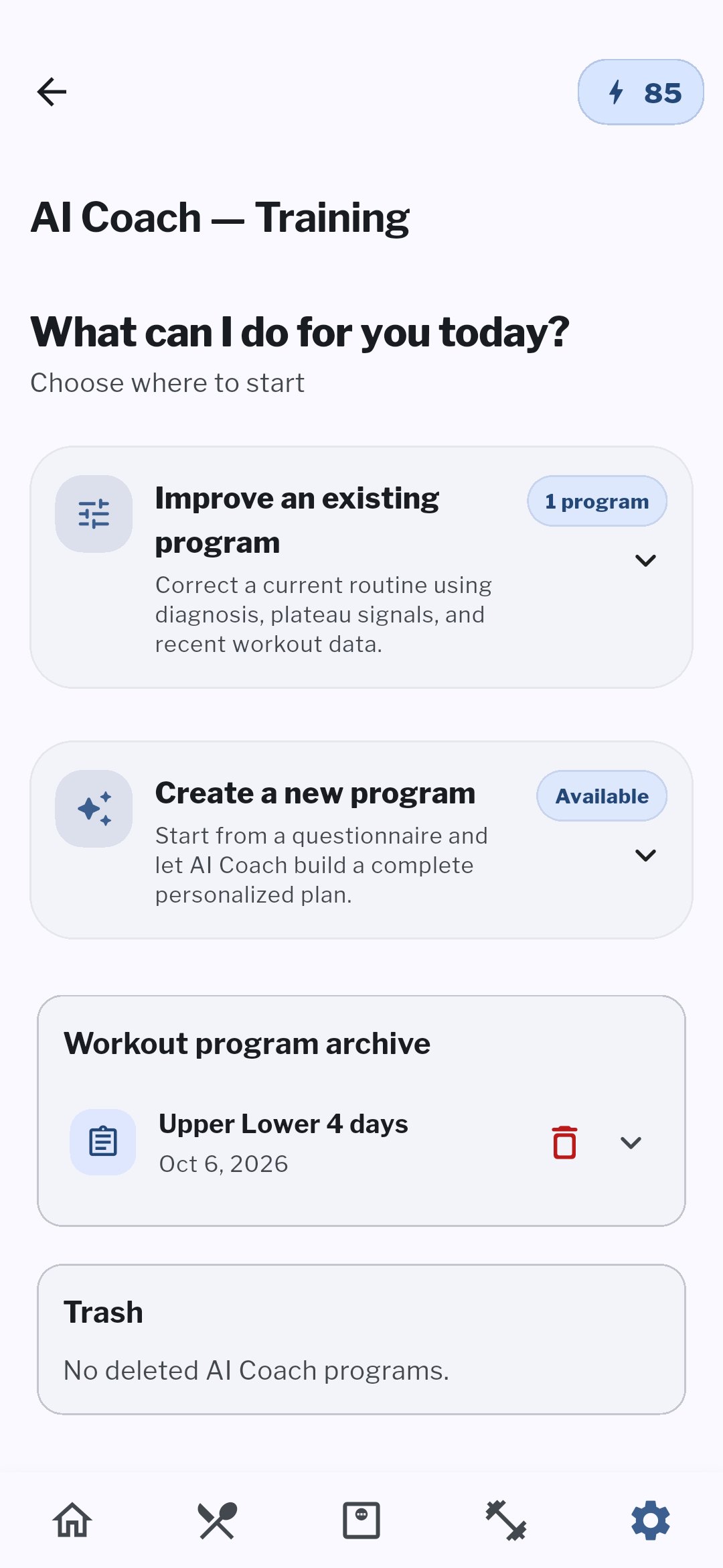 Holymp AI Coach page to improve a program or create a new one