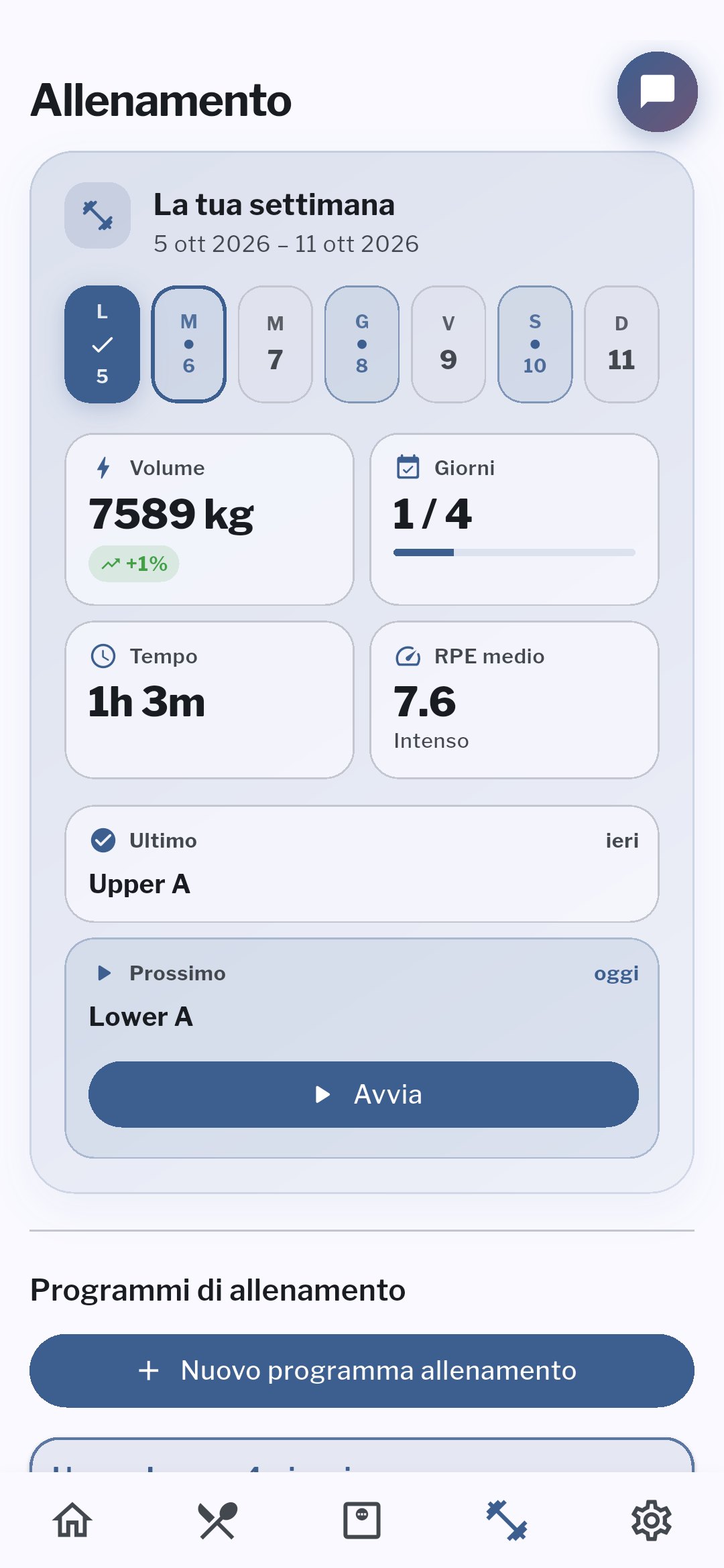 Scheda di allenamento in palestra nell’app Holymp