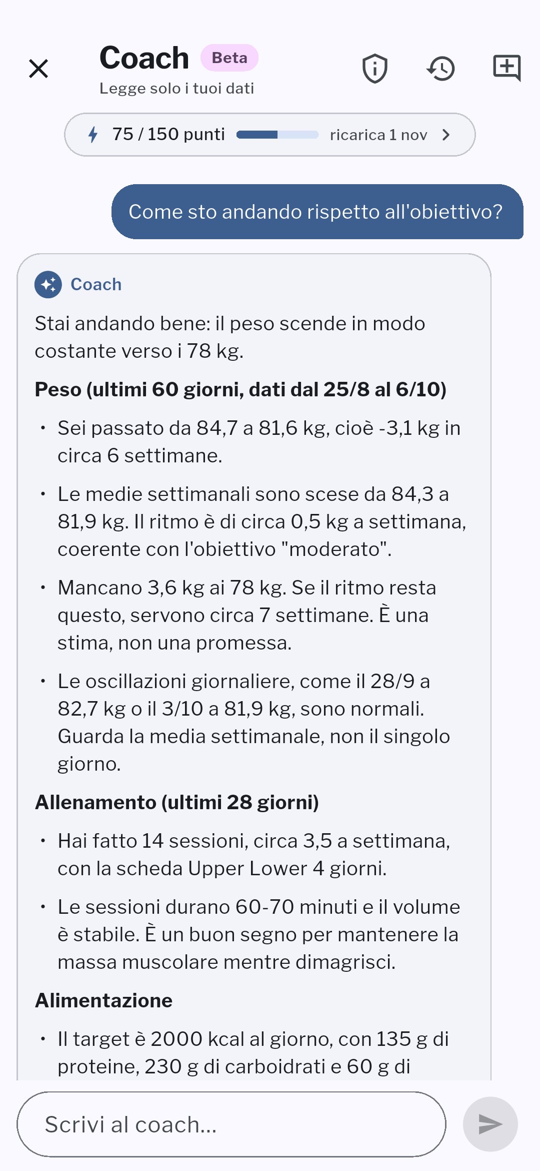 Chat con il Coach IA di Holymp che risponde sui progressi di peso e allenamento